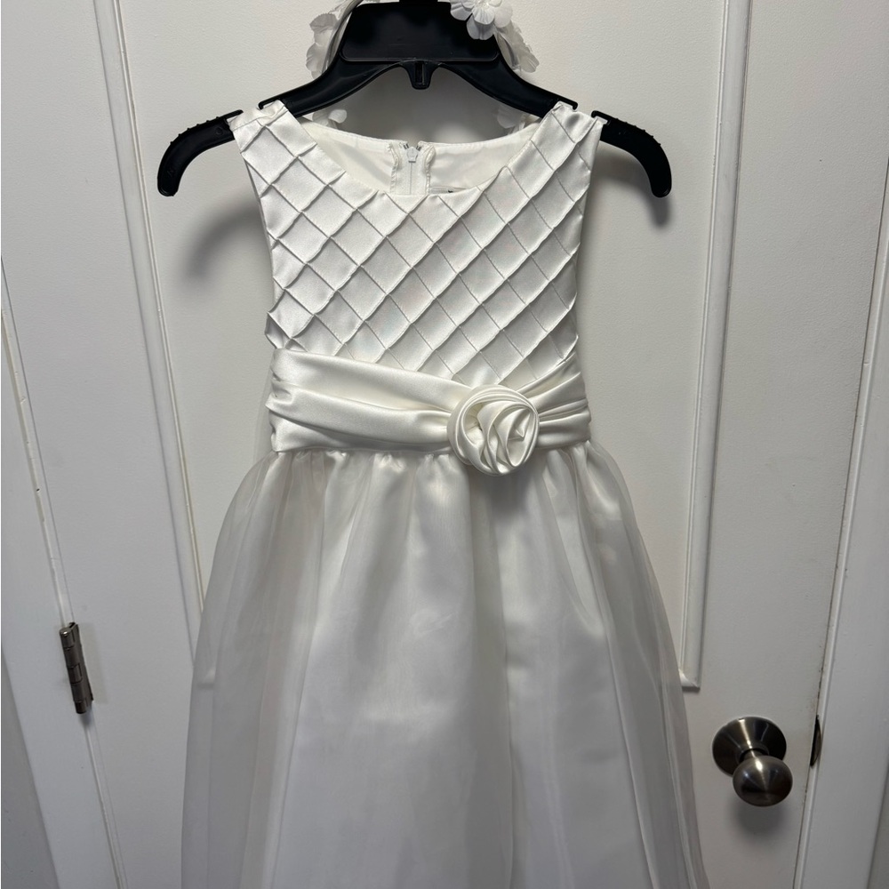 White Satin Flower Girl Dress with Rosette Waist